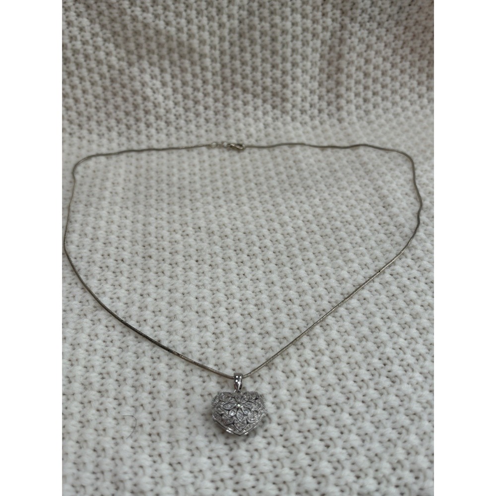 925 Sterling Silver Heart Locket Necklace Clear Stone Floral Pendant